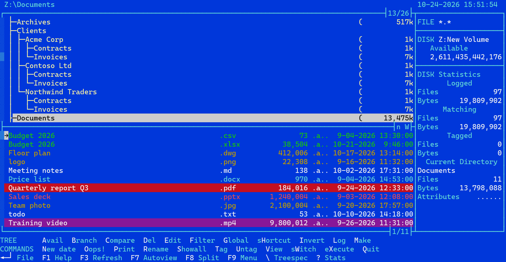 ZTreeWin's main screen: a directory tree with branch sizes, the file list below it, disk statistics on the right and keyboard command menus along the bottom